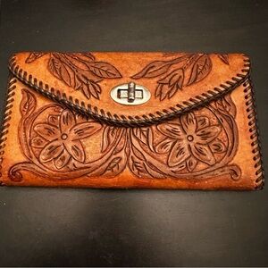 Vintage Leather Tooled Wallet Floral Western Womens
